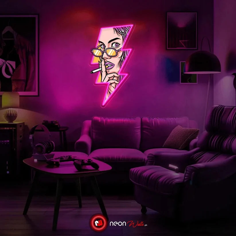 Women Face GTA Style In Lightning UV Neon Sign ⚡ – Bold, Electrifying Decor!